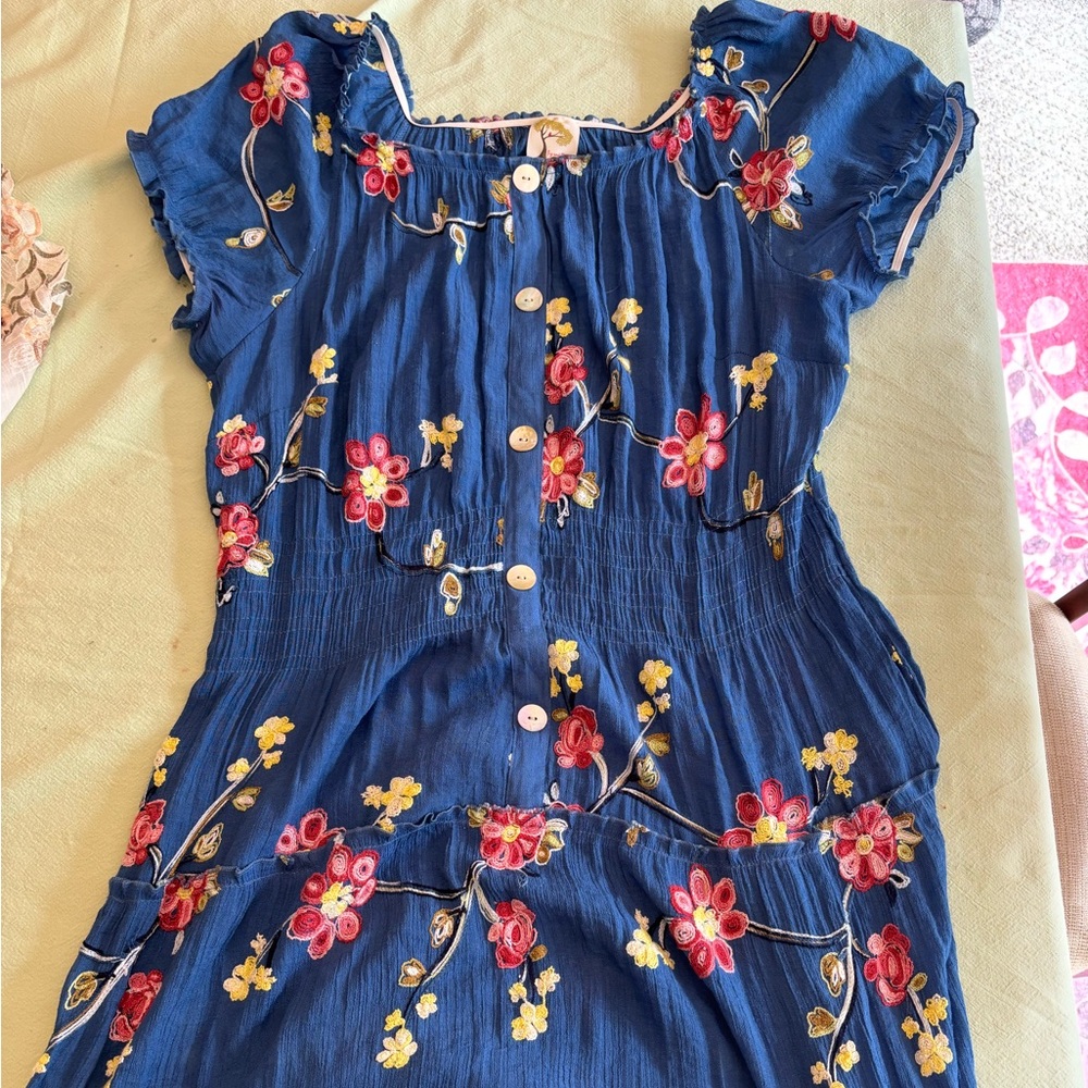Fig and Flower Smocked Maxi Dress with Flutter Sleeves in Blue and Pink